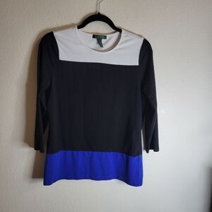 Lauren Ralph Lauren Black/Blue/White Colorblock 3/4 Sleeve Top Ladies Large.
